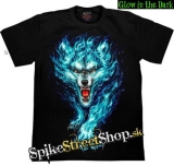 WOLF COLLECTION - Blue Flames Wolf - čierne pánske tričko