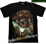 ANIMAL COLLECTION - Bear Fisherman - čierne pánske tričko