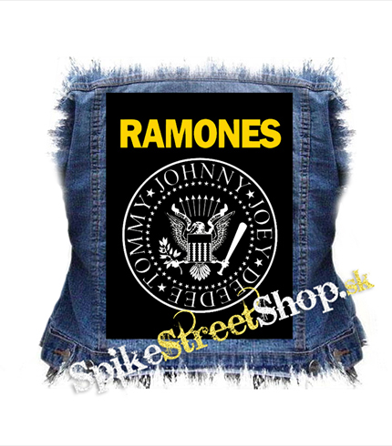 RAMONES - Yellow Logo White Symbol - chrbtová nášivka