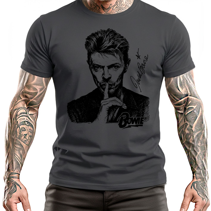 DAVID BOWIE - Gray T-shirt With Portrait Signature - šedé pánske tričko