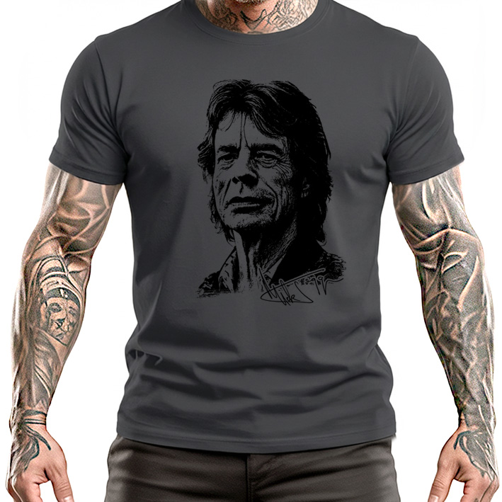 MICK JAGGER - Gray T-shirt With Portrait Signature - šedé pánske tričko