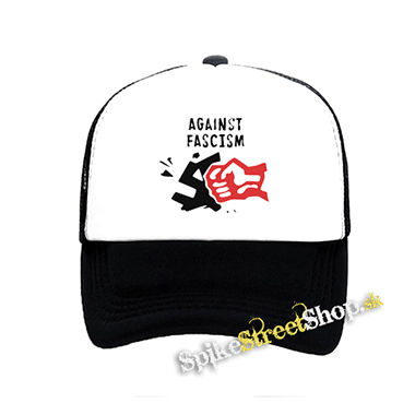 AGAINST FASCISM - čiernobiela sieťkovaná šiltovka model "Trucker"