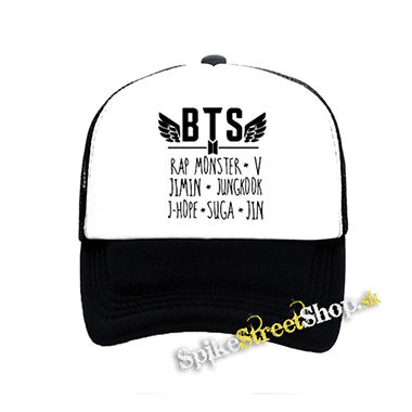BTS - BANGTAN BOYS - Logo And Names - čiernobiela sieťkovaná šiltovka model "Trucker"