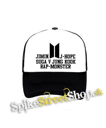 BTS - BANGTAN BOYS - Names Crest Logo - čiernobiela sieťkovaná šiltovka model "Trucker"