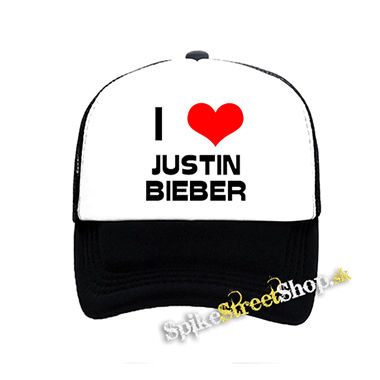 I LOVE JUSTIN BIEBER - čiernobiela sieťkovaná šiltovka model "Trucker"