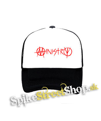 MINISTRY - Red Logo - čiernobiela sieťkovaná šiltovka model "Trucker"