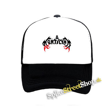 MORTICIAN - Logo Red - čiernobiela sieťkovaná šiltovka model "Trucker"