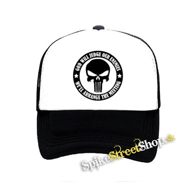 PUNISHER - God Will Judge Our Enemies - čiernobiela sieťkovaná šiltovka model "Trucker"