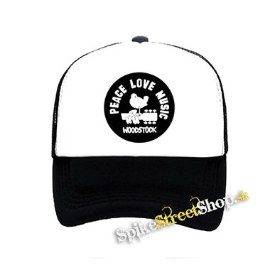 WOODSTOCK - Peace Love Music - čiernobiela sieťkovaná šiltovka model "Trucker"