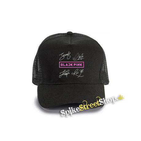 BLACKPINK - Logo & Signature - čierna bavlnená sieťkovaná šiltovka model "Trucker Cap"