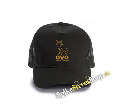 DRAKE - Gold OVO Logo - čierna bavlnená sieťkovaná šiltovka model "Trucker Cap"
