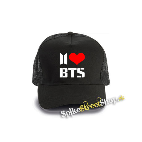 I LOVE BTS - čierna bavlnená sieťkovaná šiltovka model "Trucker Cap"