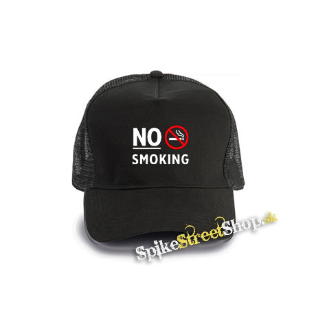 NO SMOKING - Slogan - čierna bavlnená sieťkovaná šiltovka model "Trucker Cap"