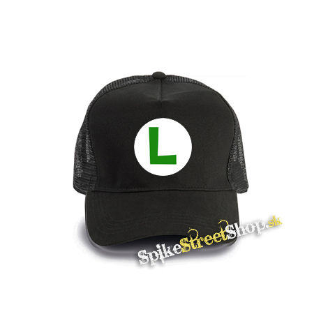 SUPER MARIO - Green Luigi Logo - čierna bavlnená sieťkovaná šiltovka model "Trucker Cap"
