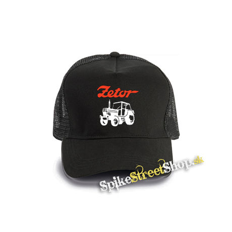 ZETOR - Červené logo a traktor - čierna bavlnená sieťkovaná šiltovka model "Trucker Cap"