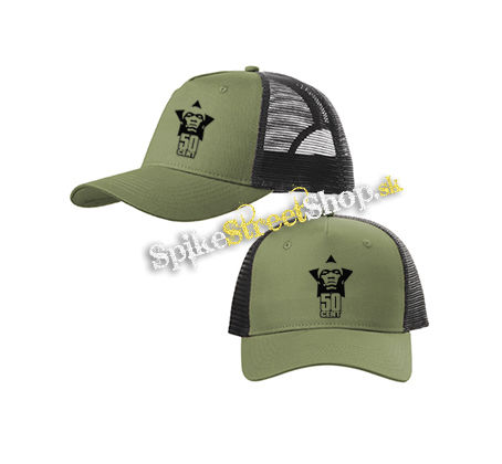 50 CENT - Logo Portrait - olivovočierna sieťkovaná šiltovka model "Trucker Cap"