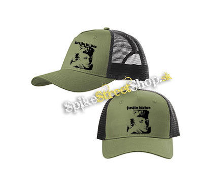 JUSTIN BIEBER - Logo & Portrait Motive 1 (2) - olivovočierna sieťkovaná šiltovka model "Trucker Cap"
