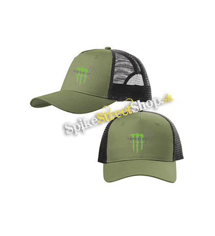 MONSTER ENERGY - Logo Honey Bee - olivovočierna sieťkovaná šiltovka model "Trucker Cap"