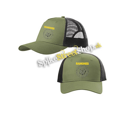RAMONES - Yellow Logo White Symbol - olivovočierna sieťkovaná šiltovka model "Trucker Cap"