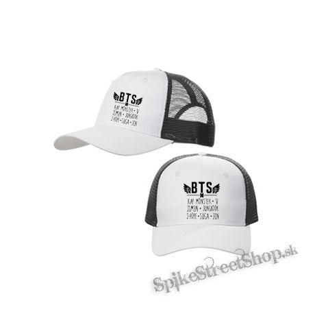 BTS - BANGTAN BOYS - Logo And Names - bieločierna sieťkovaná šiltovka model "Trucker Cap"