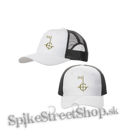 GHOST - Gold Logo - bieločierna sieťkovaná šiltovka model "Trucker Cap"