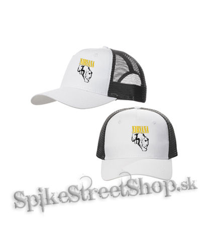 NIRVANA - Yellow Logo Band - bieločierna sieťkovaná šiltovka model "Trucker Cap"