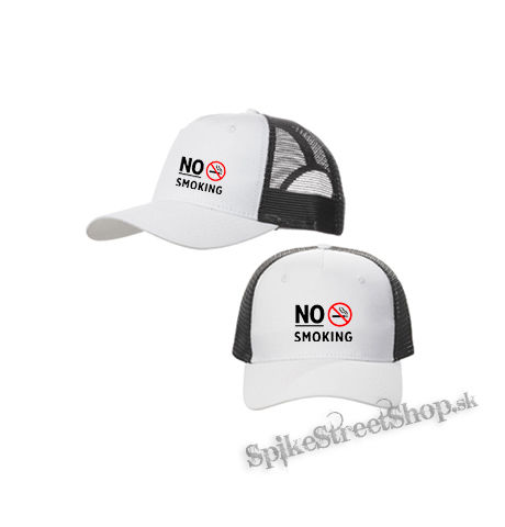 NO SMOKING - Slogan - bieločierna sieťkovaná šiltovka model "Trucker Cap"