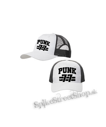 PUNK 77 - Slogan motív 2 - bieločierna sieťkovaná šiltovka model "Trucker Cap"