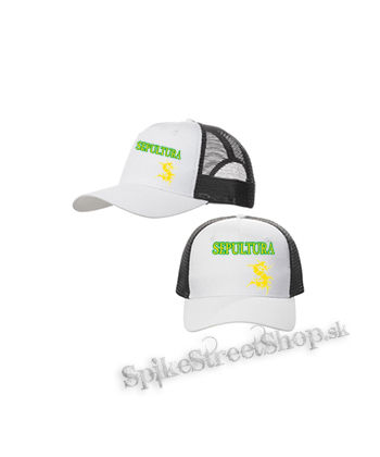 SEPULTURA - Brasil Flag Logo - bieločierna sieťkovaná šiltovka model "Trucker Cap"