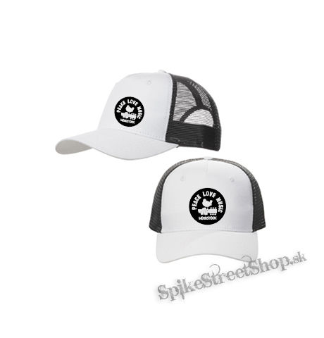 WOODSTOCK - Peace Love Music - bieločierna sieťkovaná šiltovka model "Trucker Cap"