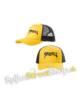 TROUBLE - Logo Hardrock Band - žltočierna sieťkovaná šiltovka model "Trucker Cap"