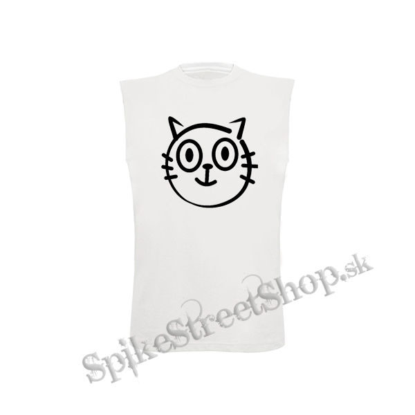 VESELÁ MAČIČKA - biele pánske tričko bez rukávov