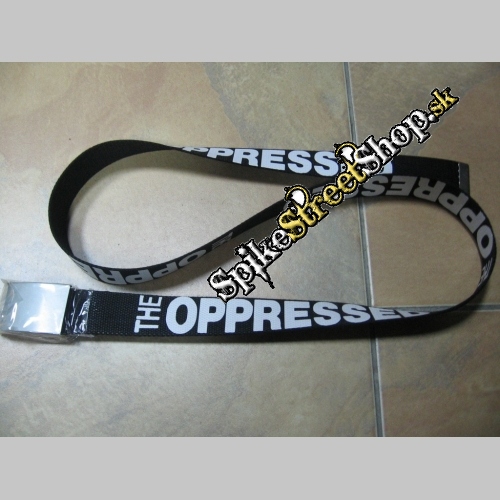 Čierny plátený opasok s nápisom OPPRESSED a s prackou