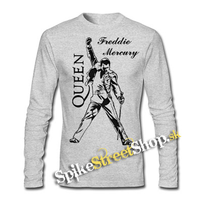 FREDDIE MERCURY - Logo & Portrait - šedé pánske tričko s dlhými rukávmi
