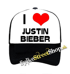 I LOVE JUSTIN BIEBER - čiernobiela sieťkovaná šiltovka model "Trucker"