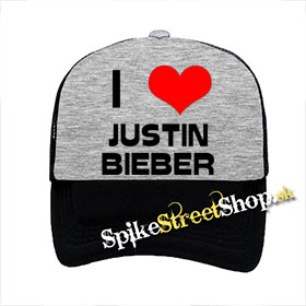 I LOVE JUSTIN BIEBER - šedočierna sieťkovaná šiltovka model "Trucker"