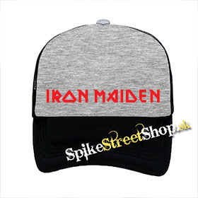 IRON MAIDEN - Red Logo - šedočierna sieťkovaná šiltovka model "Trucker"