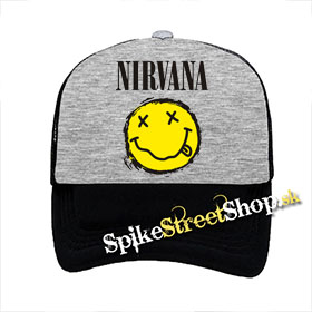 NIRVANA - Yellow Black Smile - šedočierna sieťkovaná šiltovka model "Trucker"