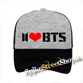 I LOVE BTS - šedočierna sieťkovaná šiltovka model "Trucker"