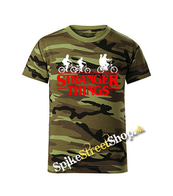 STRANGER THINGS - Bicycle Gang - maskáčové pánske tričko WOODLAND CAMO GREEN
