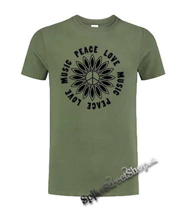PEACE LOVE MUSIC - olivové pánske tričko