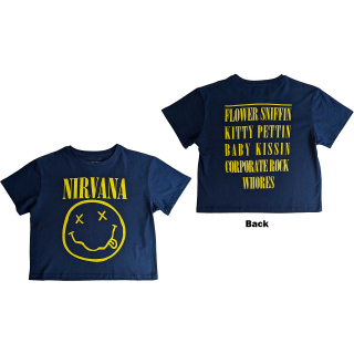 NIRVANA - Yellow Smiley Flower Sniffin - modré dámske tričko crop top KR