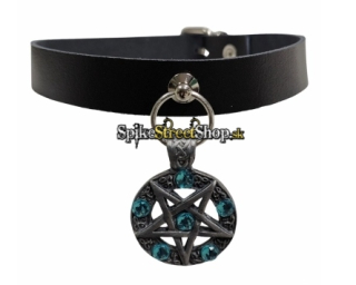 CHOKER WITH PENTAGRAM & TURQUOISE STONES - kožený náhrdelník