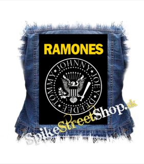 RAMONES - Yellow Logo White Symbol - chrbtová nášivka