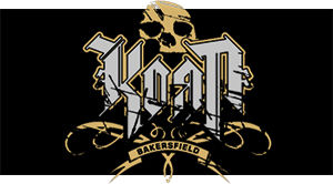 KORN - Logo Crest Bakersfield Gold - široká chrbtová nášivka s rozmerom 33 x 15 cm