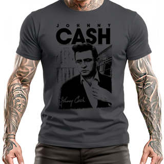 JOHNNY CASH - Gray T-shirt With Portrait Signature - šedé pánske tričko