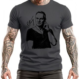 STING - Gray T-shirt With Portrait Signature - šedé pánske tričko