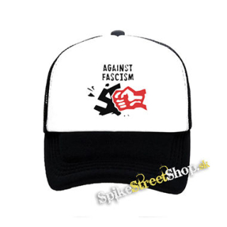 AGAINST FASCISM - čiernobiela sieťkovaná šiltovka model "Trucker"