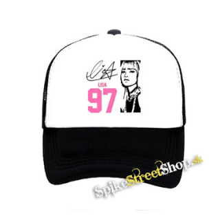 BLACKPINK - Lisa 97 Signature Portrait - čiernobiela sieťkovaná šiltovka model "Trucker"
