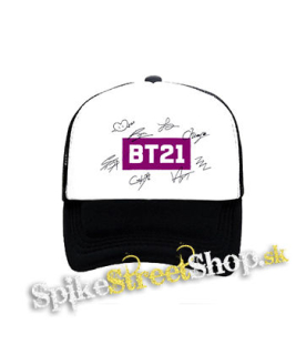 BT21 - Logo Signature - čiernobiela sieťkovaná šiltovka model "Trucker"